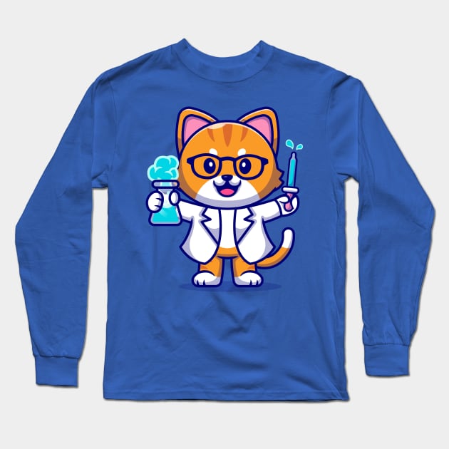 Cute Cat Scientist Cartoon Long Sleeve T-Shirt by Catalyst Labs